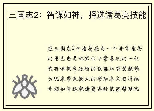 三国志2：智谋如神，择选诸葛亮技能
